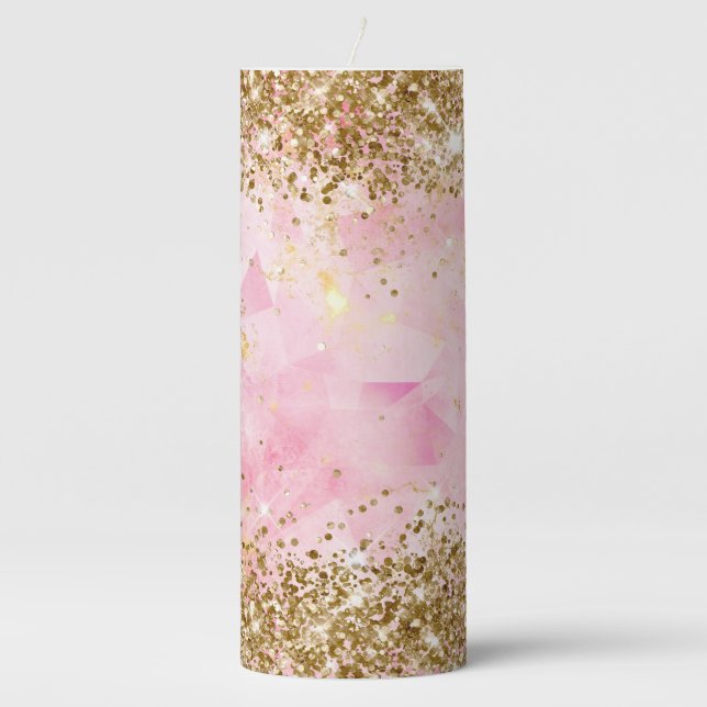 Gold Glitter Rose Quartz Gemstone Fire Glam Pillar Candle (Front)