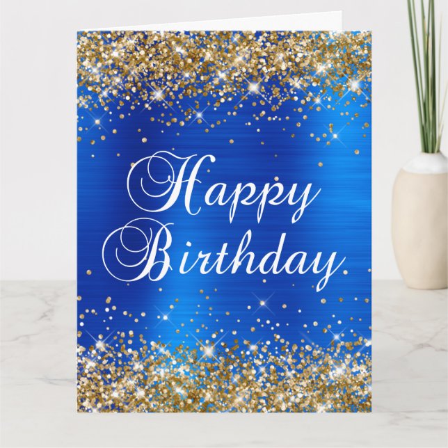 Gold Glitter Royal Blue Big Happy Birthday Card (Front)