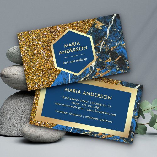Gold Glitter Royal Blue Marble Makeup Artist Business Card