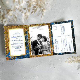 Gold Glitter Royal Blue Marble Photo Wedding Tri-Fold Invitation