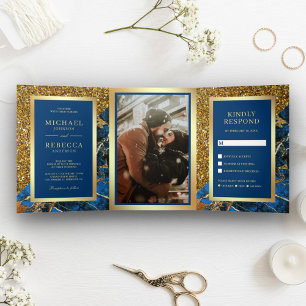 Gold Glitter Royal Blue Marble Photo Wedding Tri-Fold Invitation
