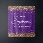 Gold Glitter Royal Purple 18th Birthday Welcome Tapestry<br><div class="desc">A modern elegant calligraphy with a modern all caps style font in white. 
Create your own 18th birthday milestone birthday party celebration welcome tapestry backdrop for your friend. 
The background features faux sparkly gold glitter digital art graphics that prints like a photo over a solid royal purple color background.</div>