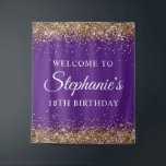 Gold Glitter Royal Purple 18th Birthday Welcome Tapestry<br><div class="desc">A modern elegant calligraphy with a modern all caps style font in white. 
Create your own 18th birthday milestone birthday party celebration welcome tapestry backdrop for your friend. 
The background features faux sparkly gold glitter digital art graphics that prints like a photo over a solid royal purple color background.</div>