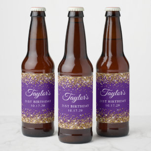 Gold Glitter Royal Purple 21st Birthday Beer Bottle Label