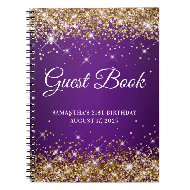 Gold Glitter Royal Purple 21st Birthday Guestbook Notebook (Front)