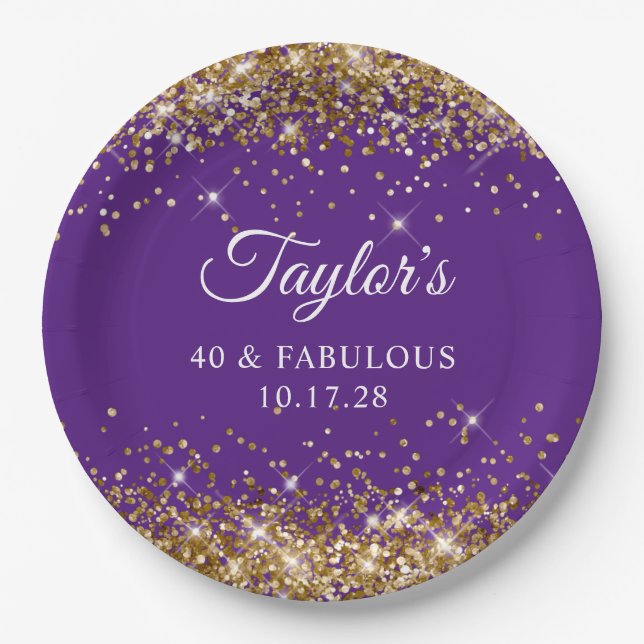 Gold Glitter Royal Purple 40 & Fabulous Paper Plates (Front)