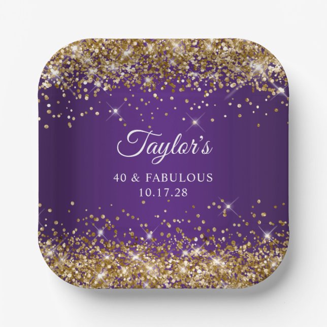 Gold Glitter Royal Purple 40 & Fabulous Paper Plates (Front)