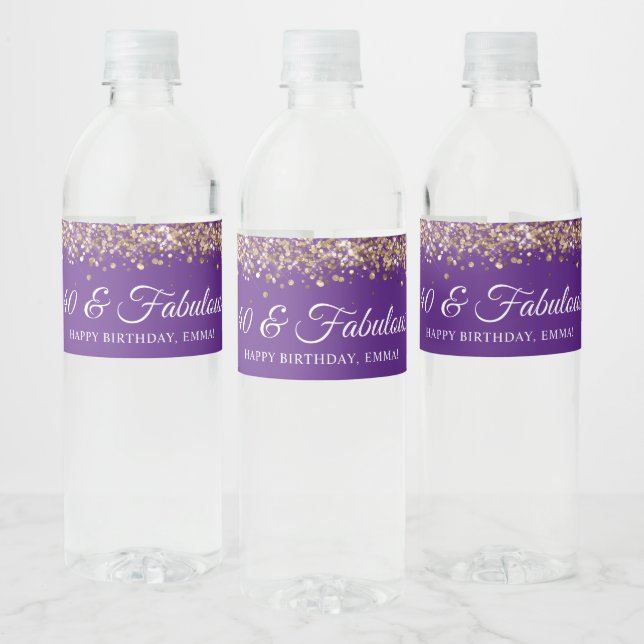 Gold Glitter Royal Purple 40 & Fabulous Water Bottle Label (Bottles)