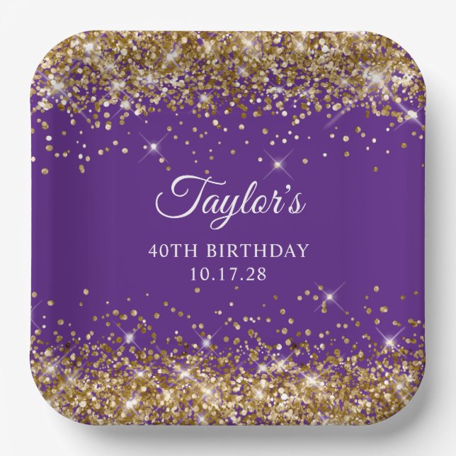 Gold Glitter Royal Purple 40th Birthday Paper Plates (Front)
