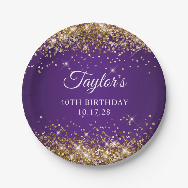 Gold Glitter Royal Purple 40th Birthday Paper Plates (Front)