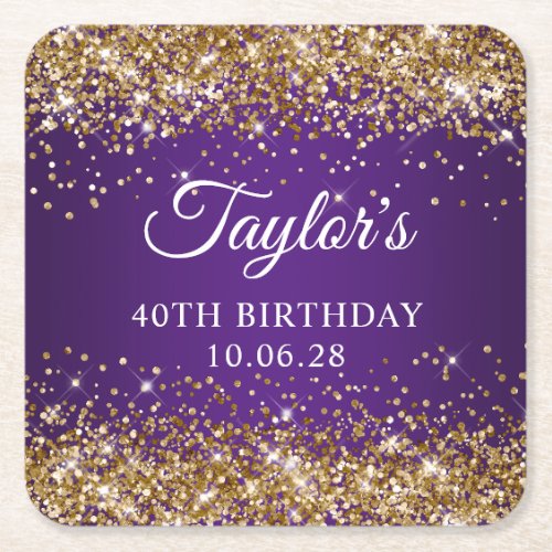 Gold Glitter Royal Purple 40th Birthday Square Paper Coaster