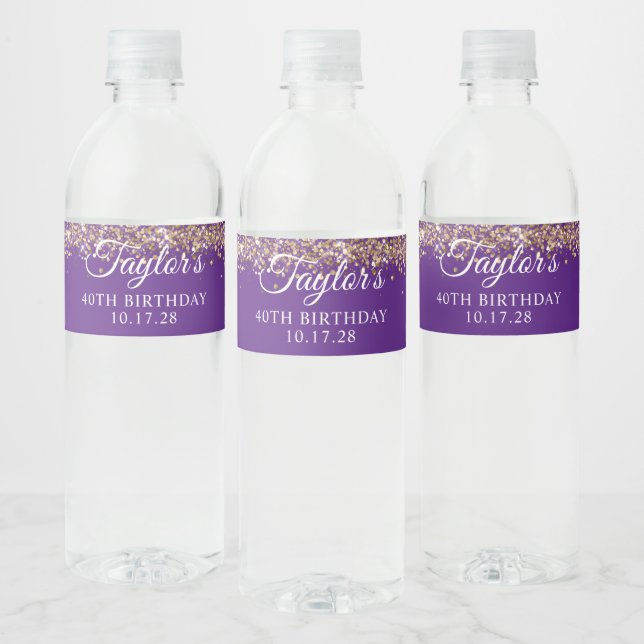 Gold Glitter Royal Purple 40th Birthday Water Bottle Label (Bottles)