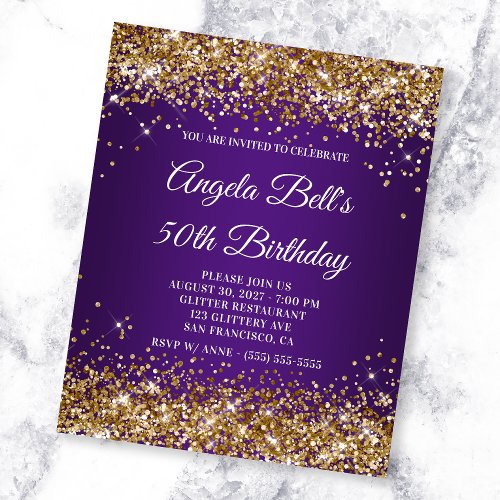 Gold Glitter Royal Purple 50th Birthday Invitation