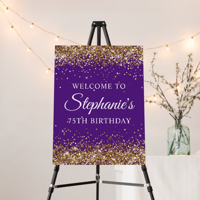 Gold Glitter Royal Purple 75th Birthday Welcome Foam Board (In Situ (Stand))