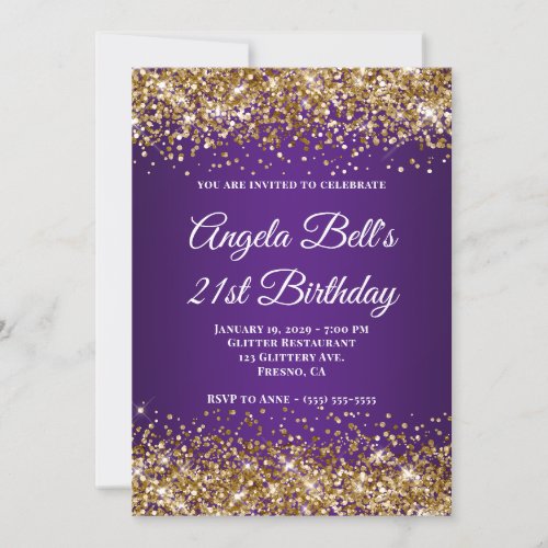 Gold Glitter Royal Purple Monogram 21st Birthday Invitation