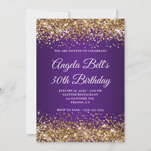 Gold Glitter Royal Purple Monogram 30th Birthday Invitation (Front)