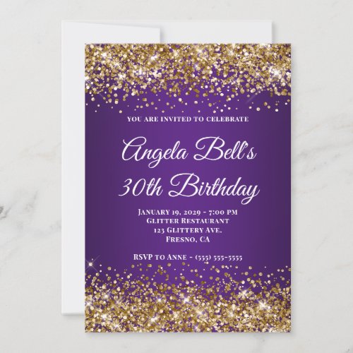 Gold Glitter Royal Purple Monogram 30th Birthday Invitation