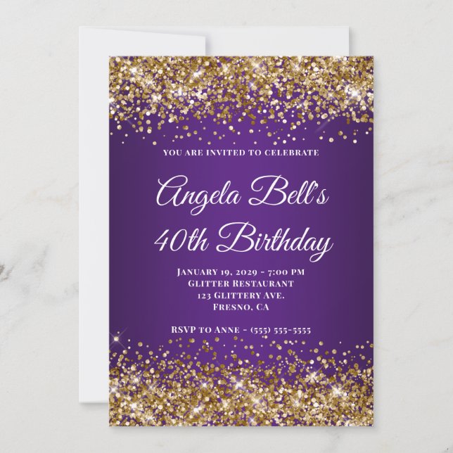 Gold Glitter Royal Purple Monogram 40th Birthday Invitation (Front)