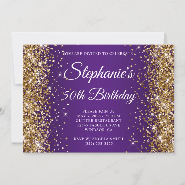 Gold Glitter Royal Purple Monogram 50th Birthday Invitation (Front)