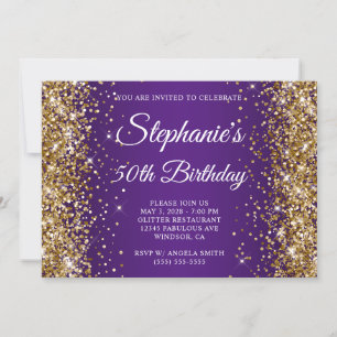 Gold Glitter Royal Purple Monogram 50th Birthday Invitation