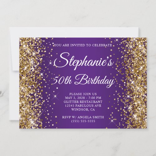 Gold Glitter Royal Purple Monogram 50th Birthday Invitation