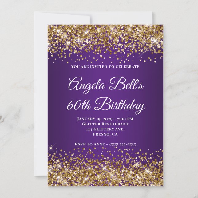 Gold Glitter Royal Purple Monogram 60th Birthday Invitation (Front)
