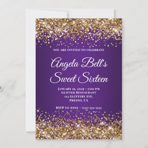 Gold Glitter Royal Purple Monogram Sweet Sixteen Invitation