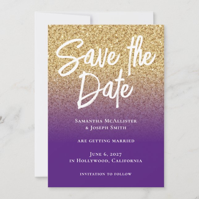 Gold Glitter Royal Purple Ombre Save The Date (Front)