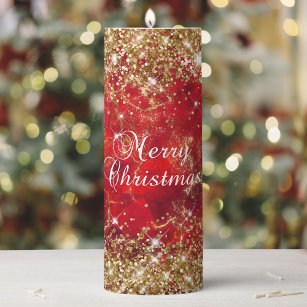 Gold Glitter Ruby Red Fire Glam Merry Christmas Pillar Candle
