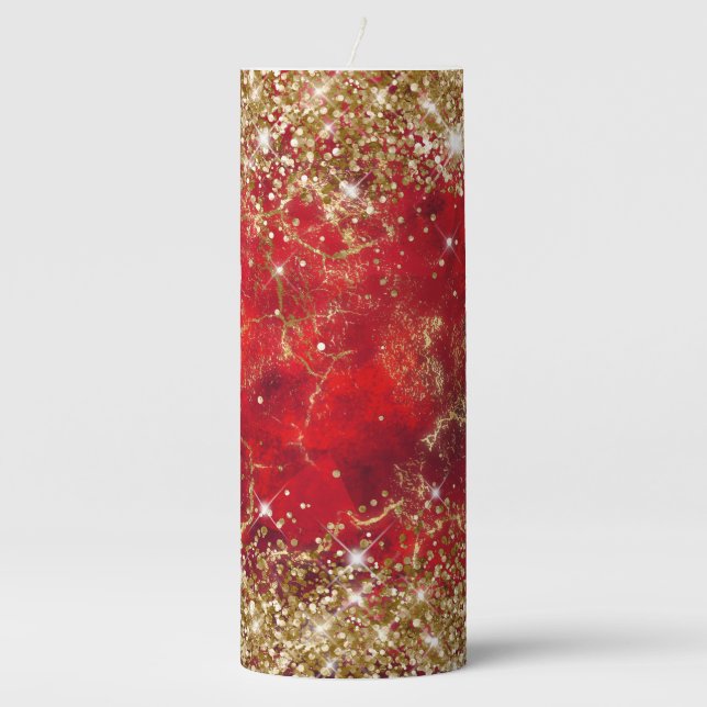 Gold Glitter Ruby Red Fire Glam Pillar Candle (Front)