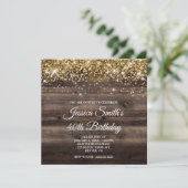 Gold Glitter Rustic Bistre Brown Wood Birthday Invitation (Standing Front)