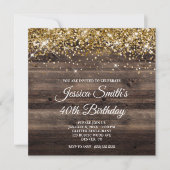 Gold Glitter Rustic Bistre Brown Wood Birthday Invitation (Front)