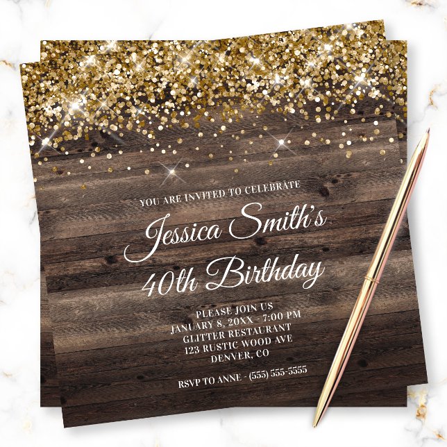 Gold Glitter Rustic Bistre Brown Wood Birthday Invitation