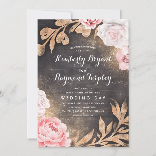 Gold Glitter | Rustic Country Floral Wedding Invitation (Front)