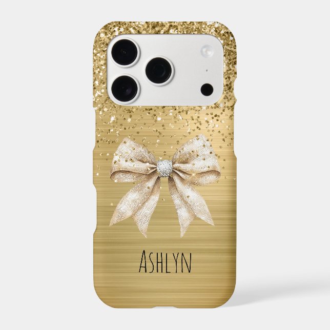 Gold Glitter Rustic Cream Silver Bow iPhone Case (Back)