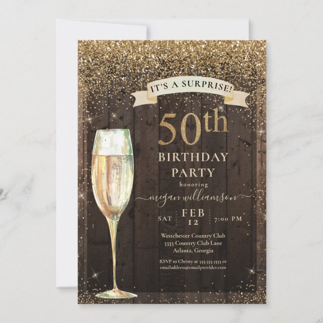 Gold Glitter Rustic Wood Surprise 50th Birthday Invitation (Front)