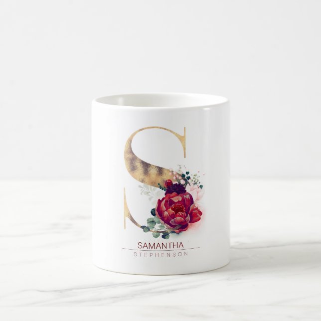 Gold Glitter S Monogram Floral Burgundy Red Coffee Mug (Center)