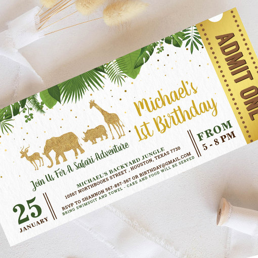 Gold Glitter Safari Adventure Ticket Pass Invitation | Zazzle