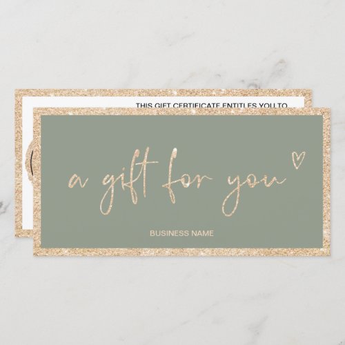 Gold glitter sage green logo gift certificate