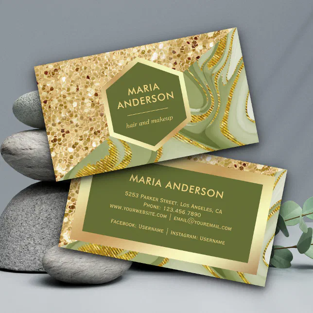 Gold Glitter Sage Green Marble Makeup Artist Business Card | Zazzle
