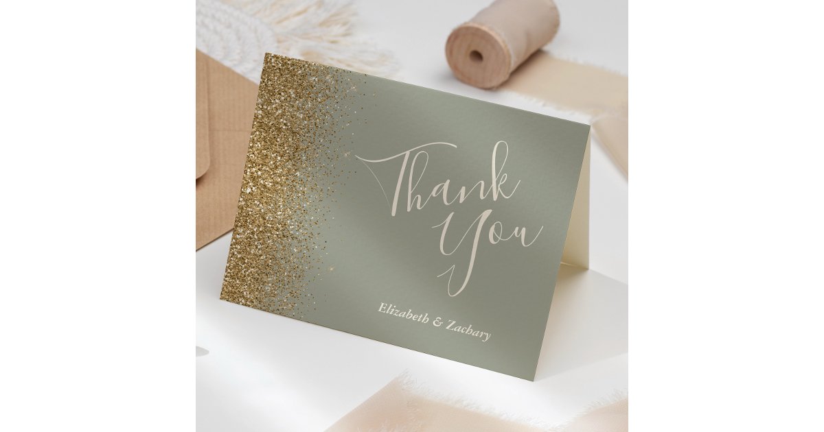 Gold Glitter Sage Green Wedding Thank You Card | Zazzle
