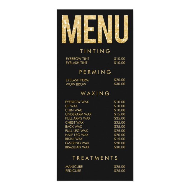 Gold Glitter Salon Beautician Menu Price List (Front)