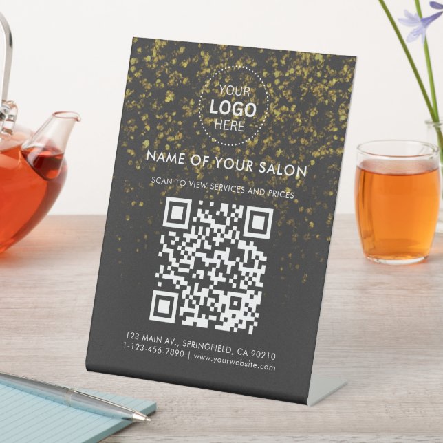 Gold Glitter Salon Business QR Code and Logo Pedestal Sign (In SItu)