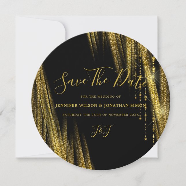 Gold Glitter Save the date Black Invitation (Front)