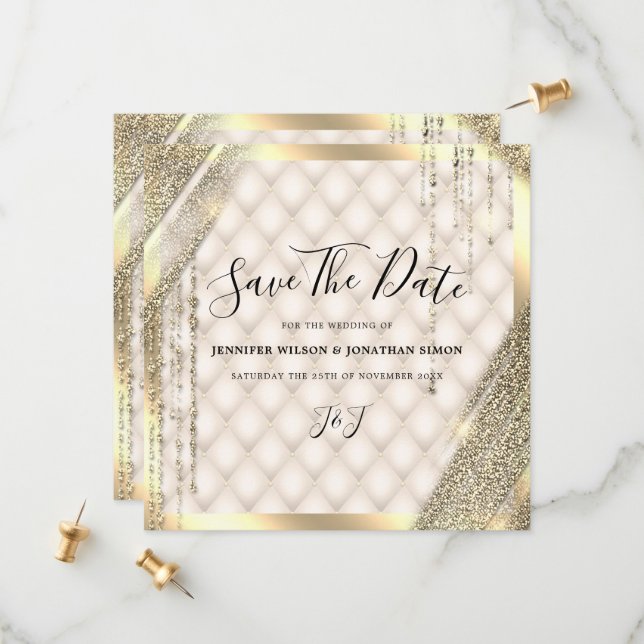 Gold Glitter Save the date Ivory Invitation (Front/Back In Situ)