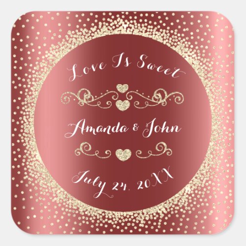 Gold Glitter Save the Date Love Sweet Burgundy Square Sticker