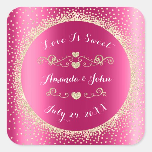 Gold Glitter Save the Date Love Sweet Fuchsia Pink Square Sticker