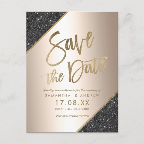 Gold glitter script black metallic save the date announcement postcard