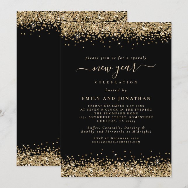 Gold Glitter Script Black New Years Eve Party  Invitation (Front/Back)