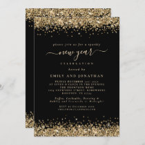 Gold Glitter Script Black New Years Eve Party  Invitation